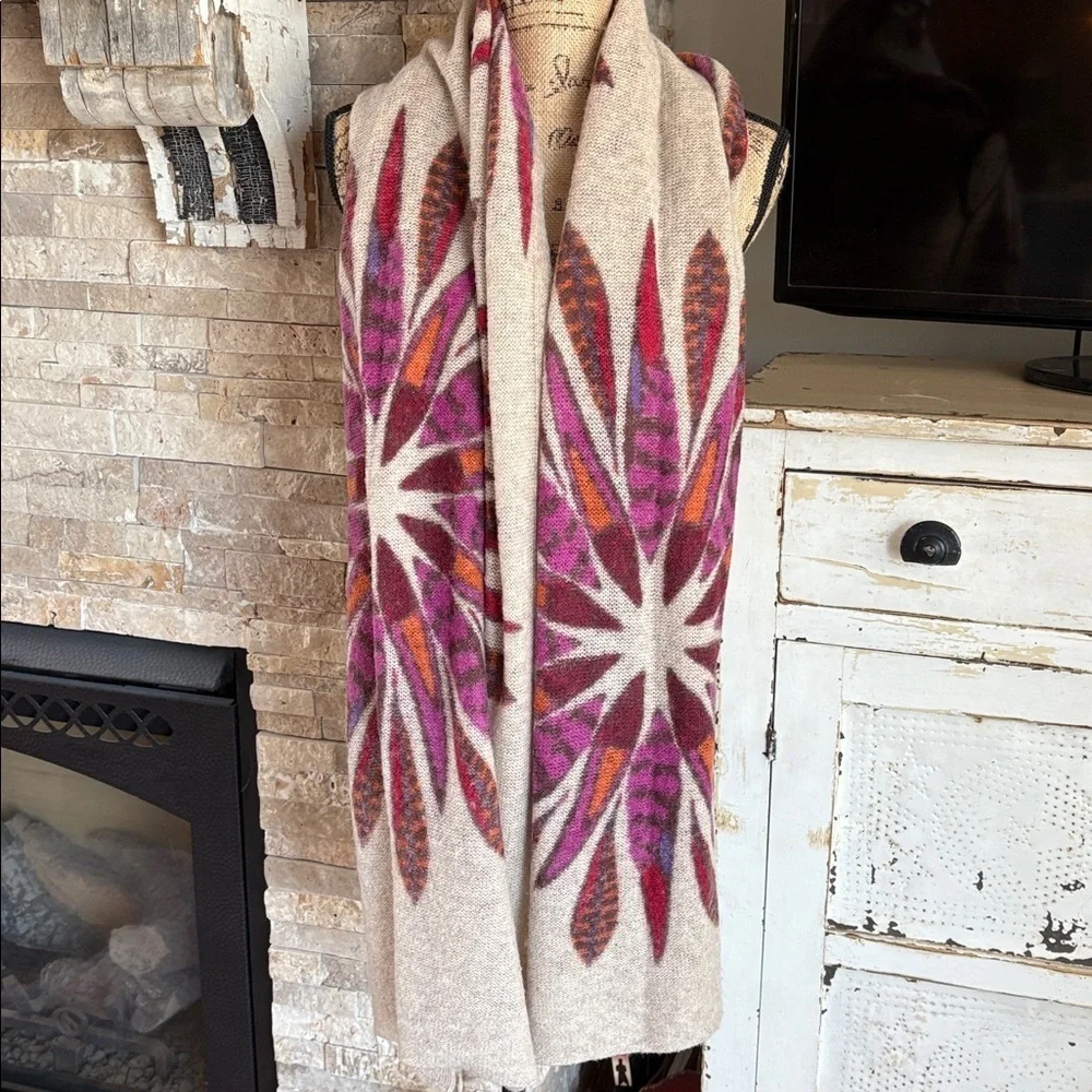 Pistil tan scarf wrap with colorful purple orange brown floral sunburst design